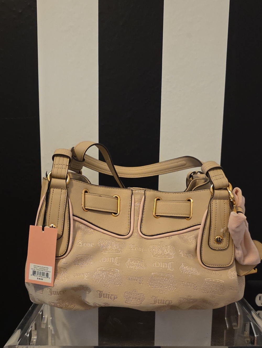 Juicy Couture Blush Pink Logo Jacquard Shoulder Bag with Gold Hardware